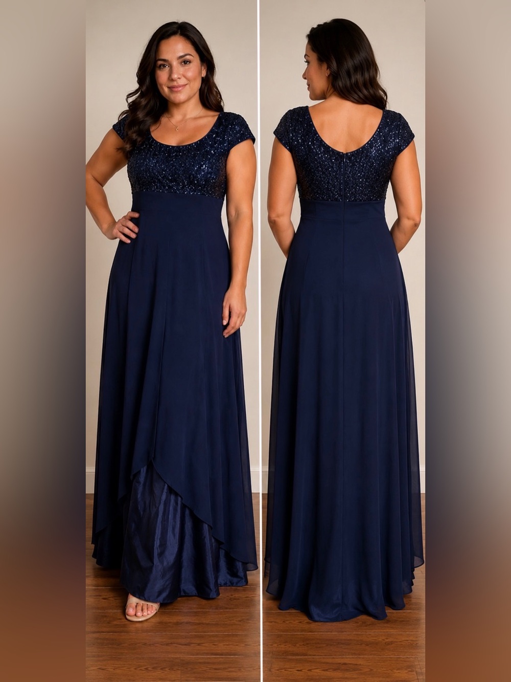 Elegant Navy Beaded Cap-Sleeve Evening Dress